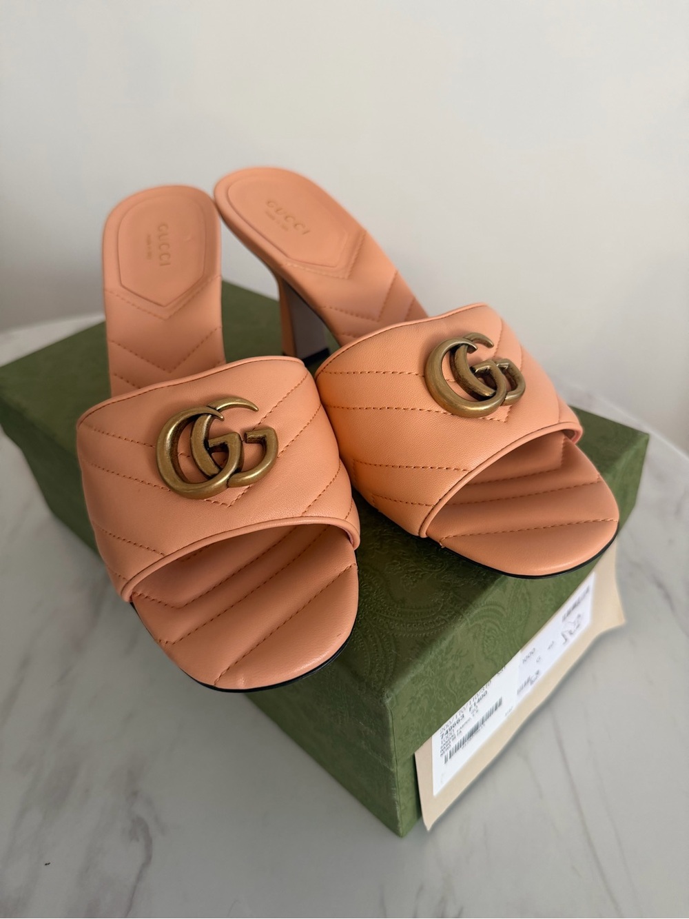 Gucci Peach Quilted Leather GG Slide Sandals